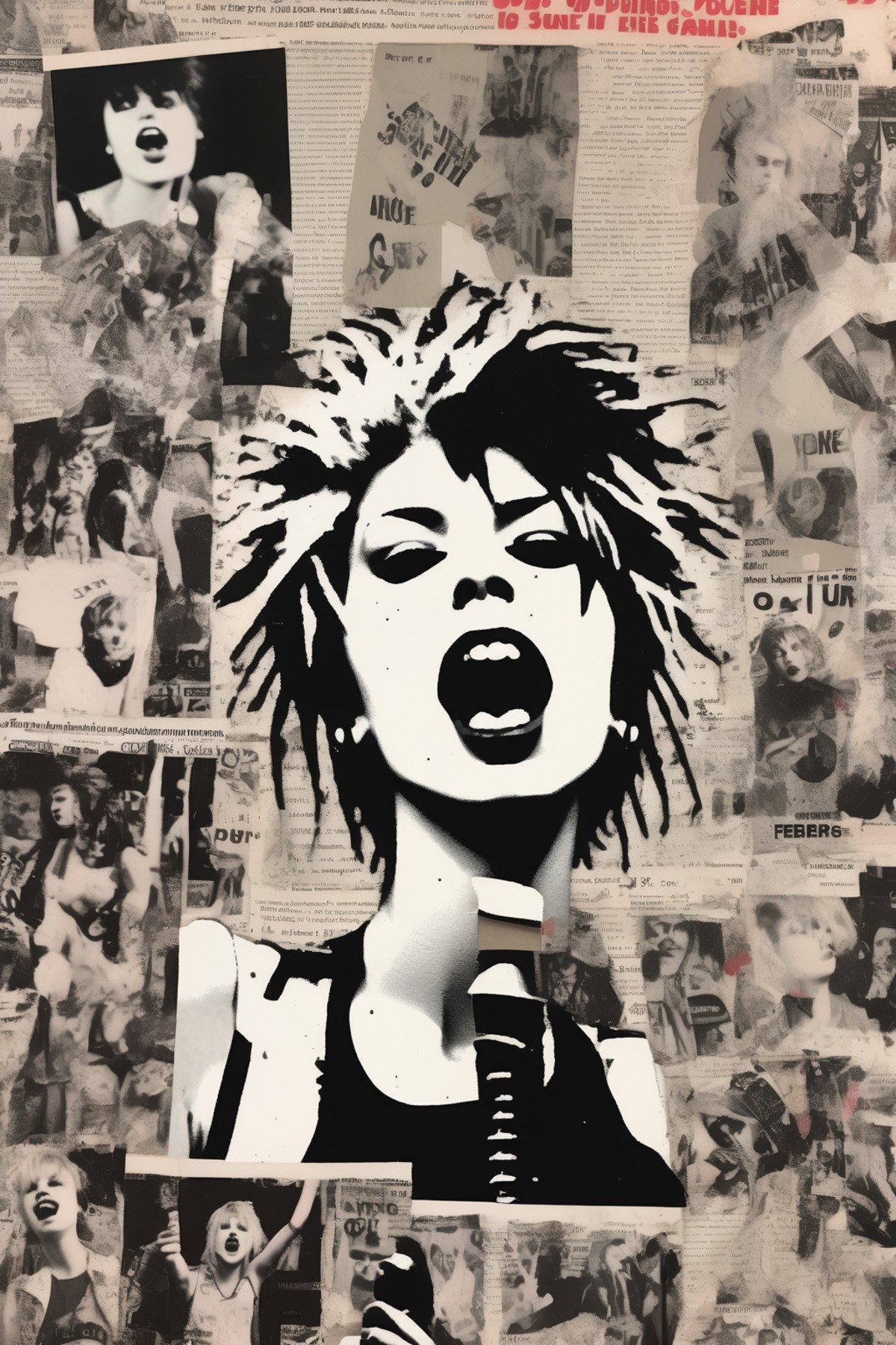 <lora:Punk Collage:1>Punk Collage - punk zine black and white collage cover of riot grrl singing